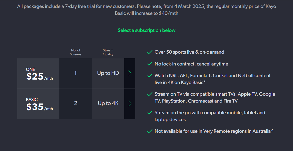 Kayo Sports pricing on March 1, 2025