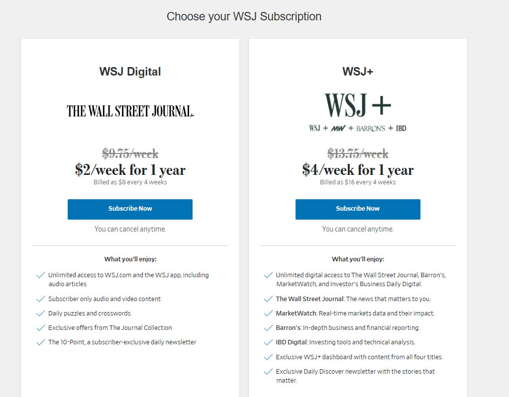 WSJ Subscription pricing on March 21, 2025