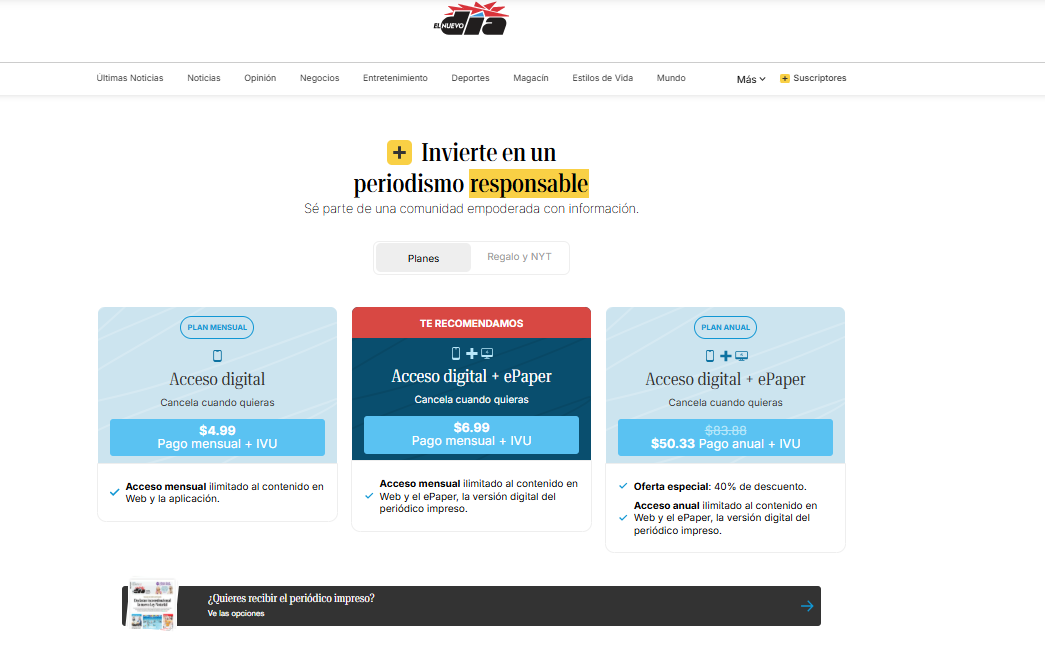 El Nuevo Dia Subscription pricing on July 17, 2025
