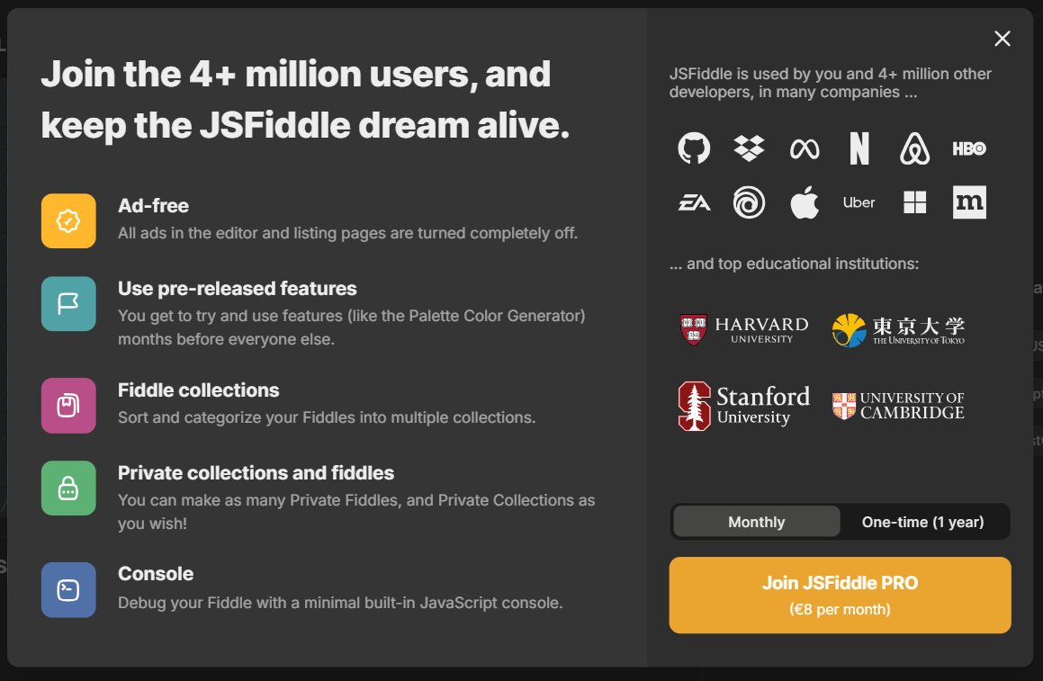 JSFiddle pricing on July 19, 2025