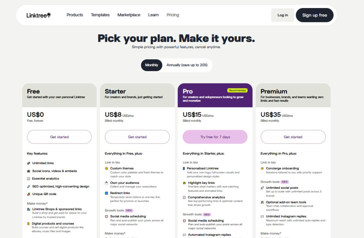 Linktree pricing on July 16, 2025