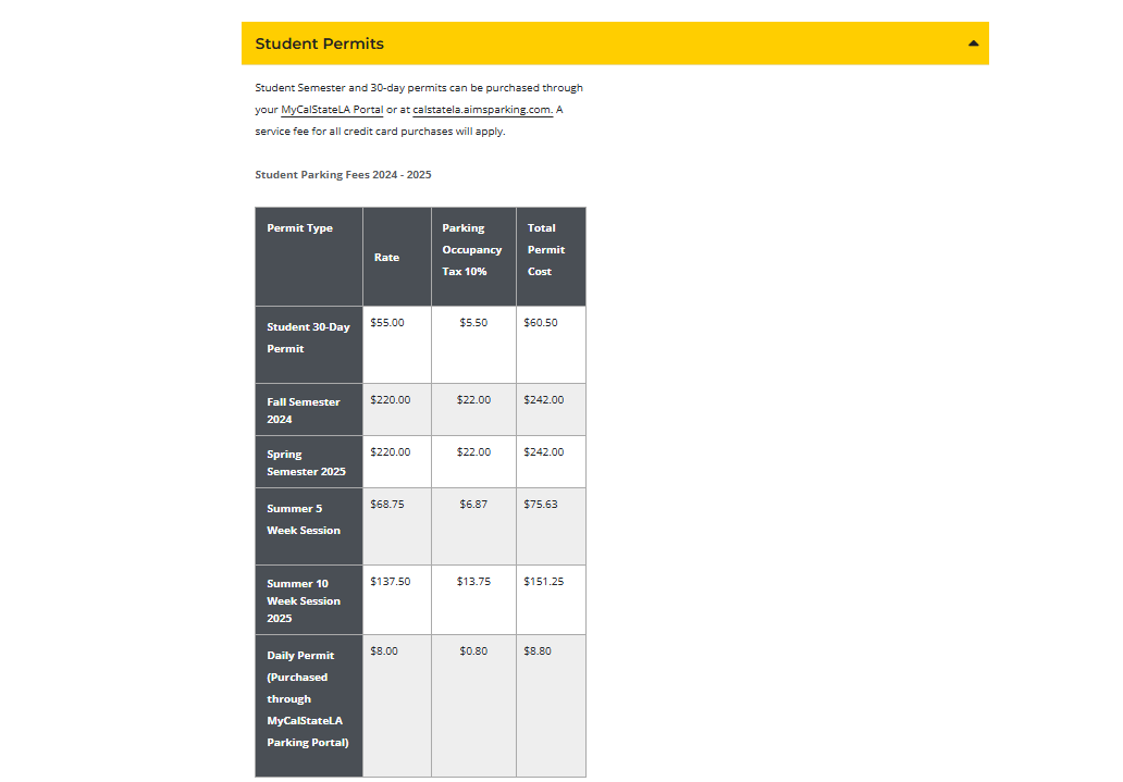 Cal State LA Parking pricing on August 14, 2025