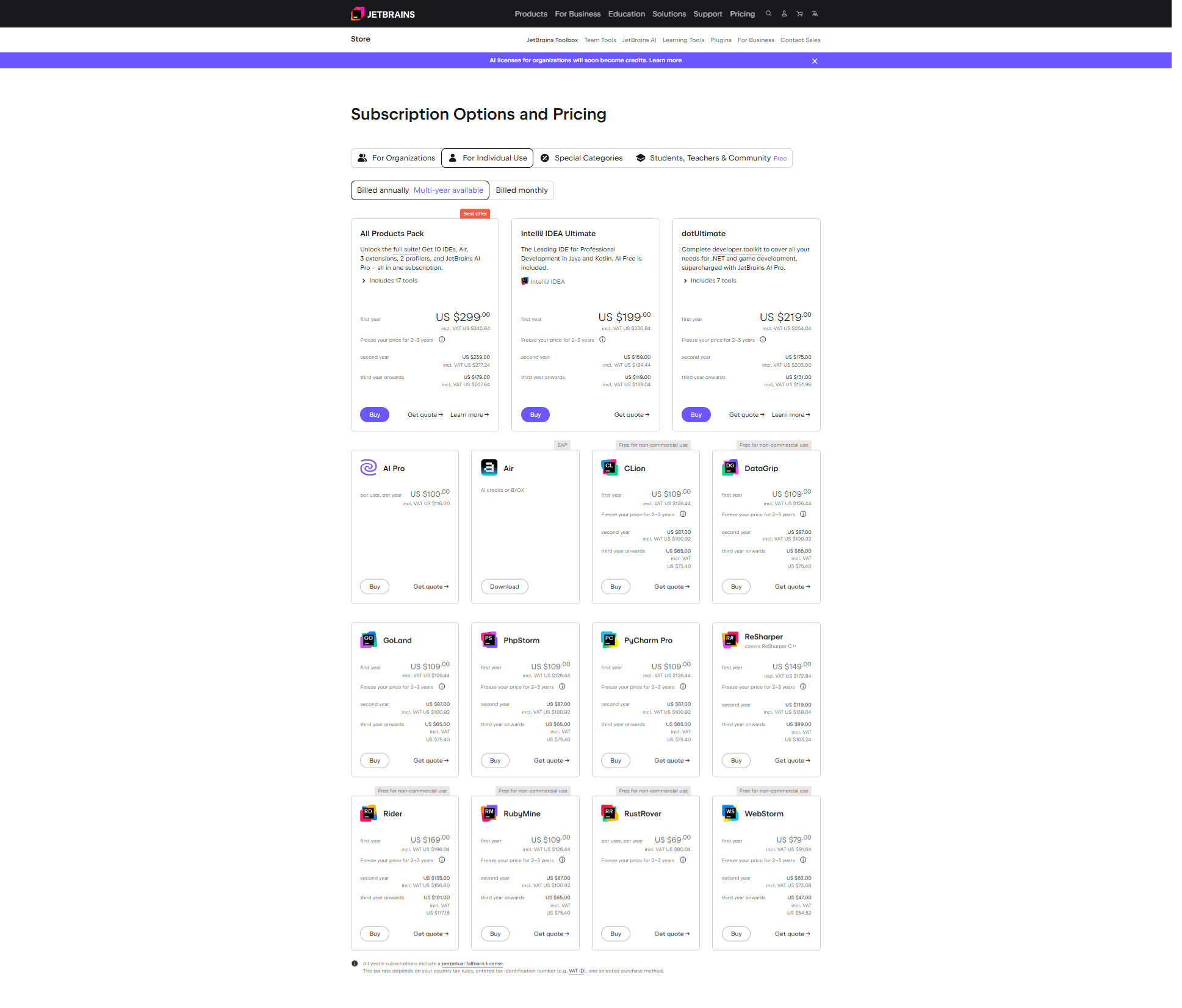 JetBrains pricing on October 25, 2025