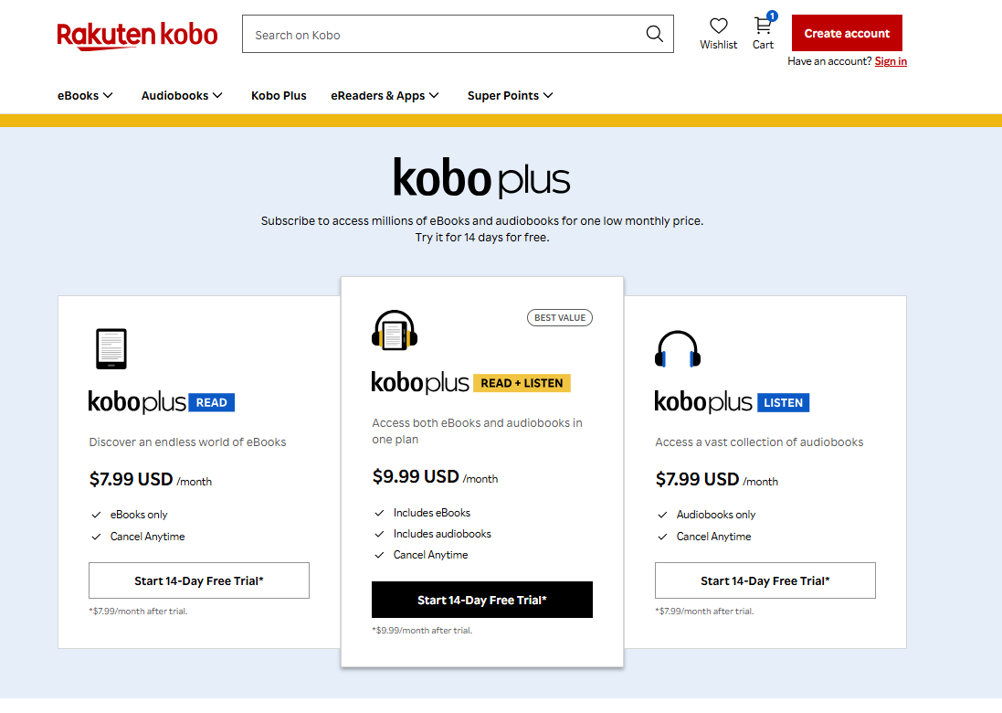 Kobo Plus pricing on November 12, 2025