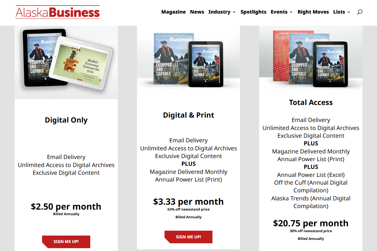 Alaska Business Subscription pricing on January 8, 2026