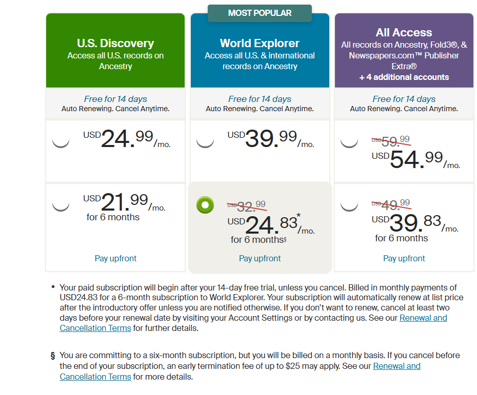 Ancestry Subscription pricing on January 28, 2026