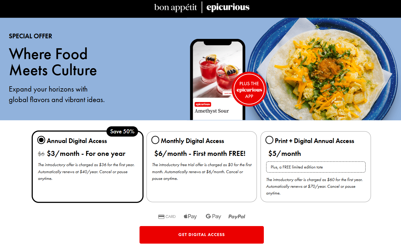 Bon Appetit Subscription pricing on January 26, 2026