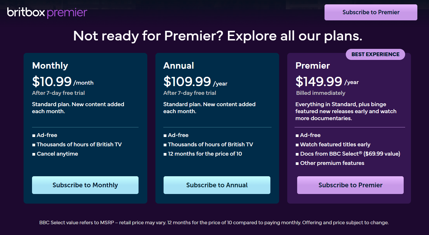 BritBox pricing on January 14, 2026