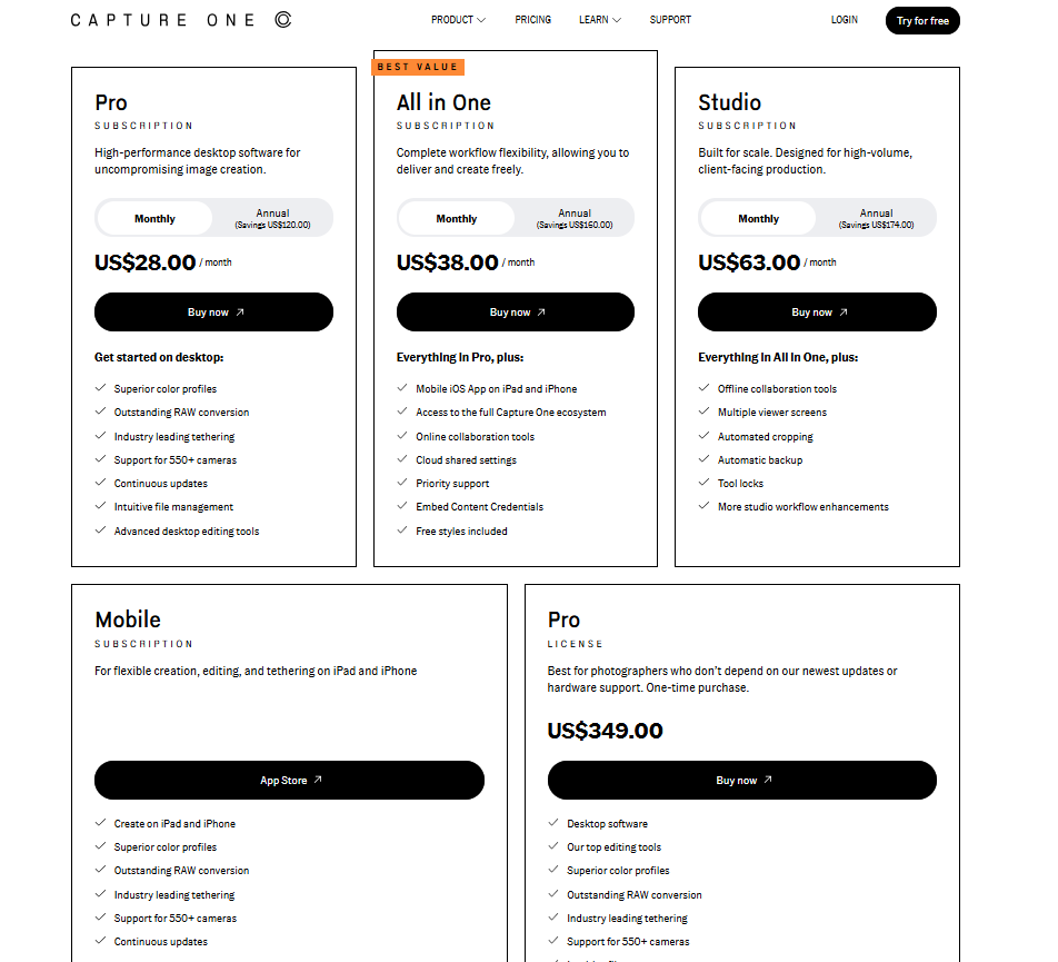 Capture One pricing on January 27, 2026