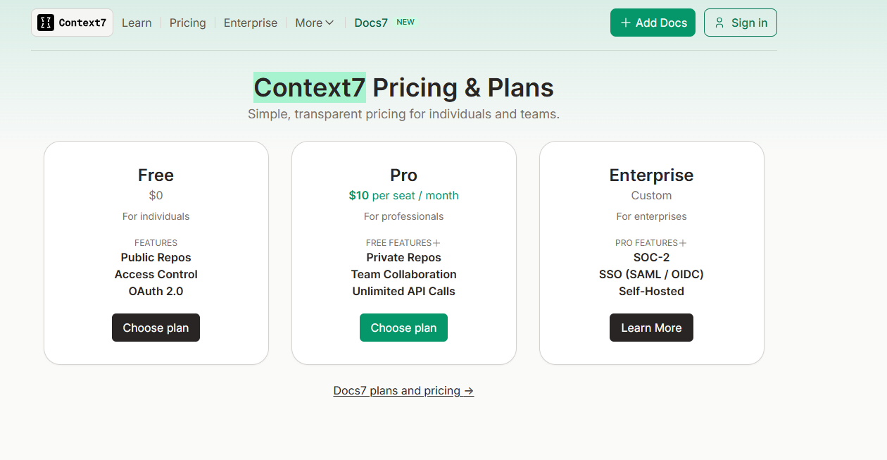 Context7 pricing on January 8, 2026