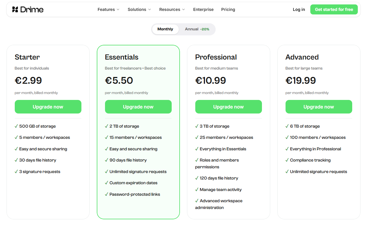 Drime pricing on January 8, 2026