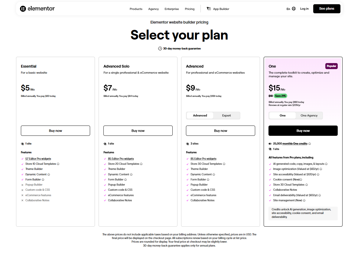 Elementor pricing on January 30, 2026