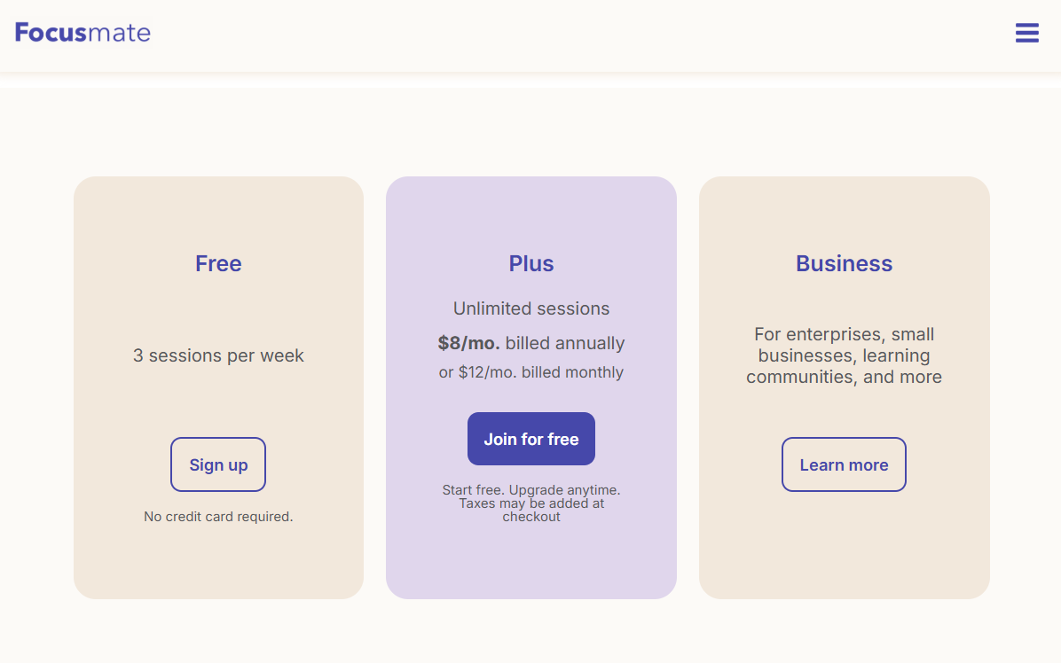 Focusmate pricing on January 23, 2026