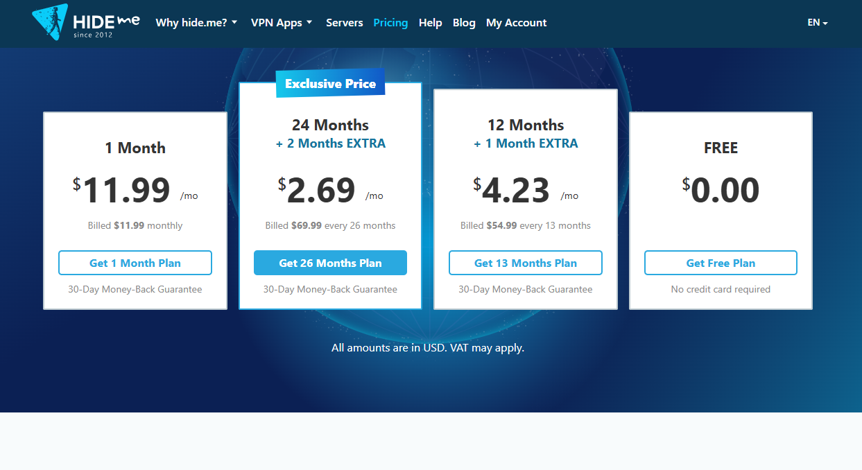 Hide Me VPN pricing on January 8, 2026