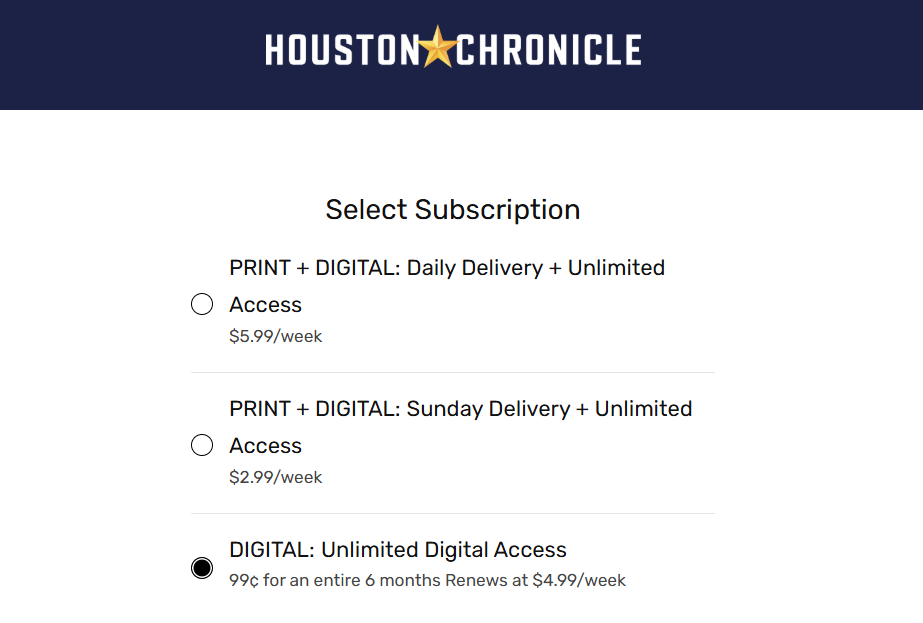 Houston Chronicle Subscription pricing on January 28, 2026