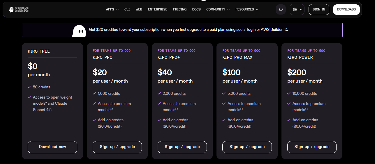 Kiro pricing on January 28, 2026