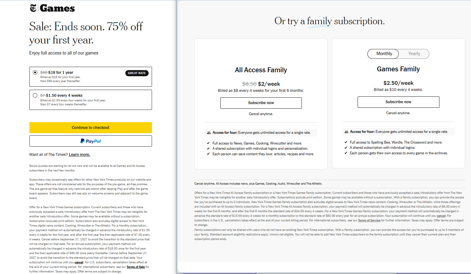 NYT Games Subscription pricing on January 30, 2026