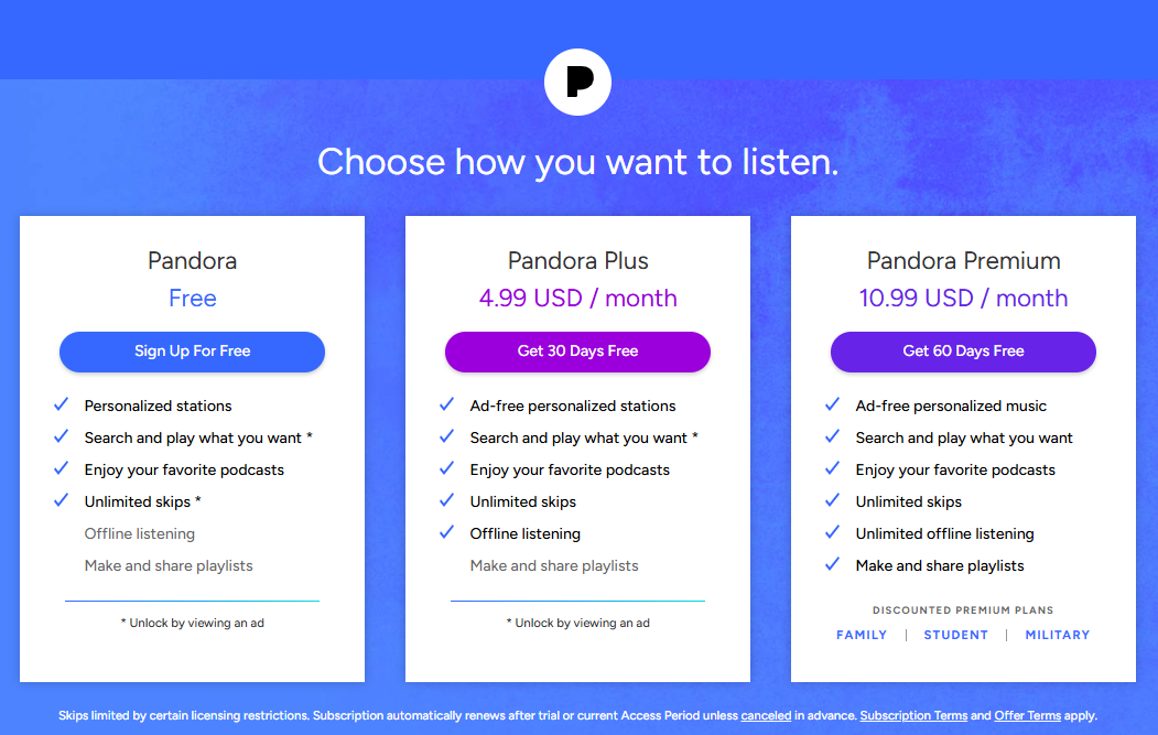 Pandora Subscription pricing on January 21, 2026
