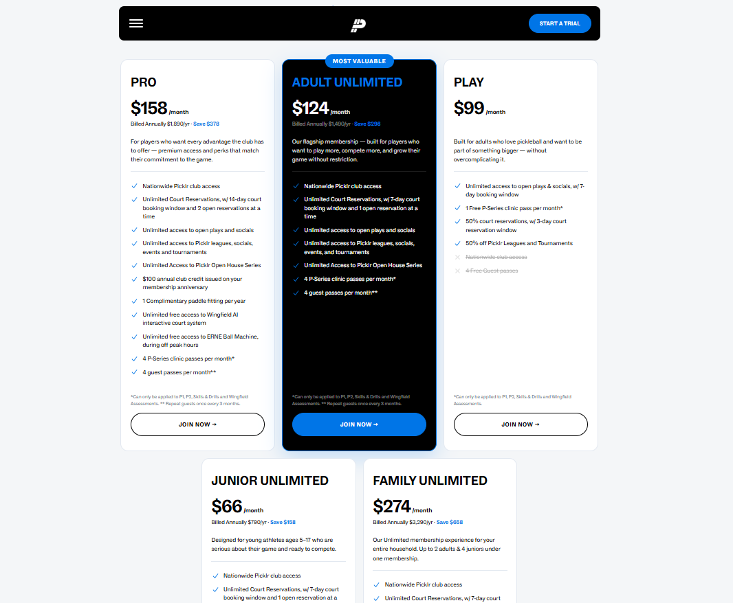 Picklr Membership pricing on January 22, 2026