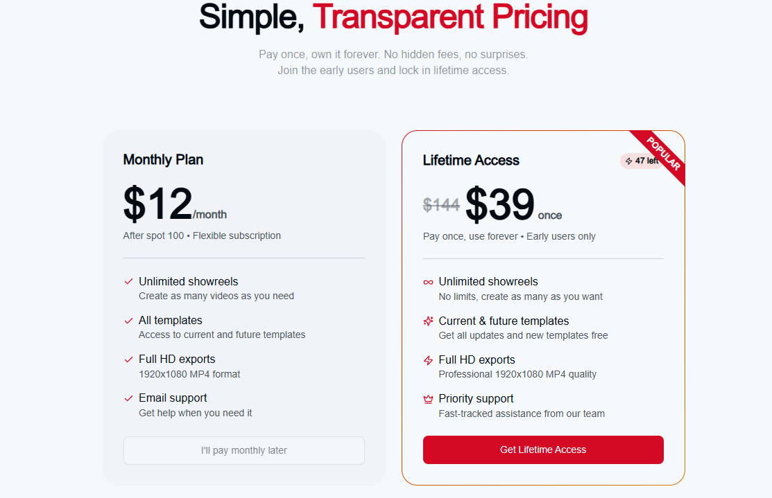 Reelfolio pricing on January 8, 2026