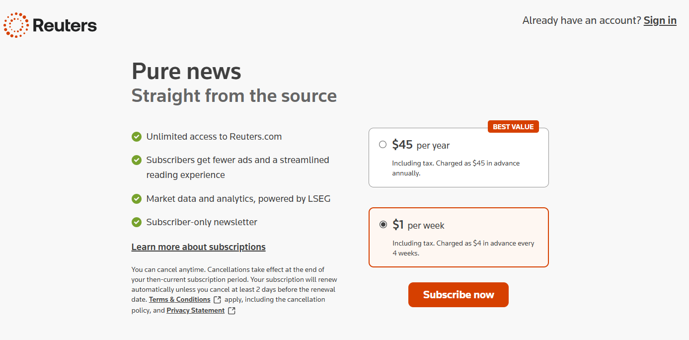 Reuters Subscription pricing on January 30, 2026