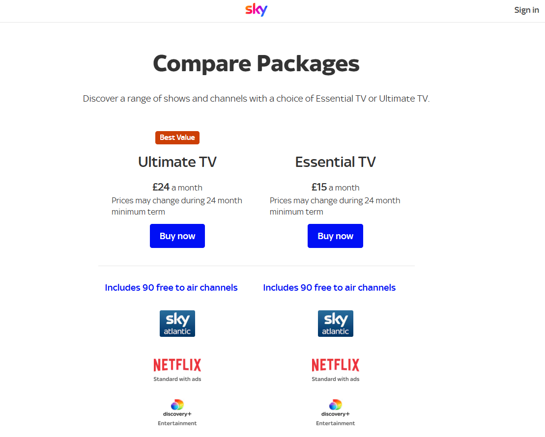 Sky TV Subscription pricing on January 13, 2026