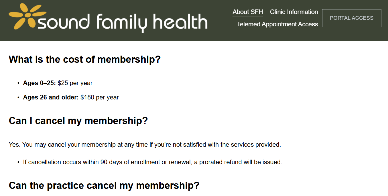 Sound Family Health Membership pricing on January 29, 2026