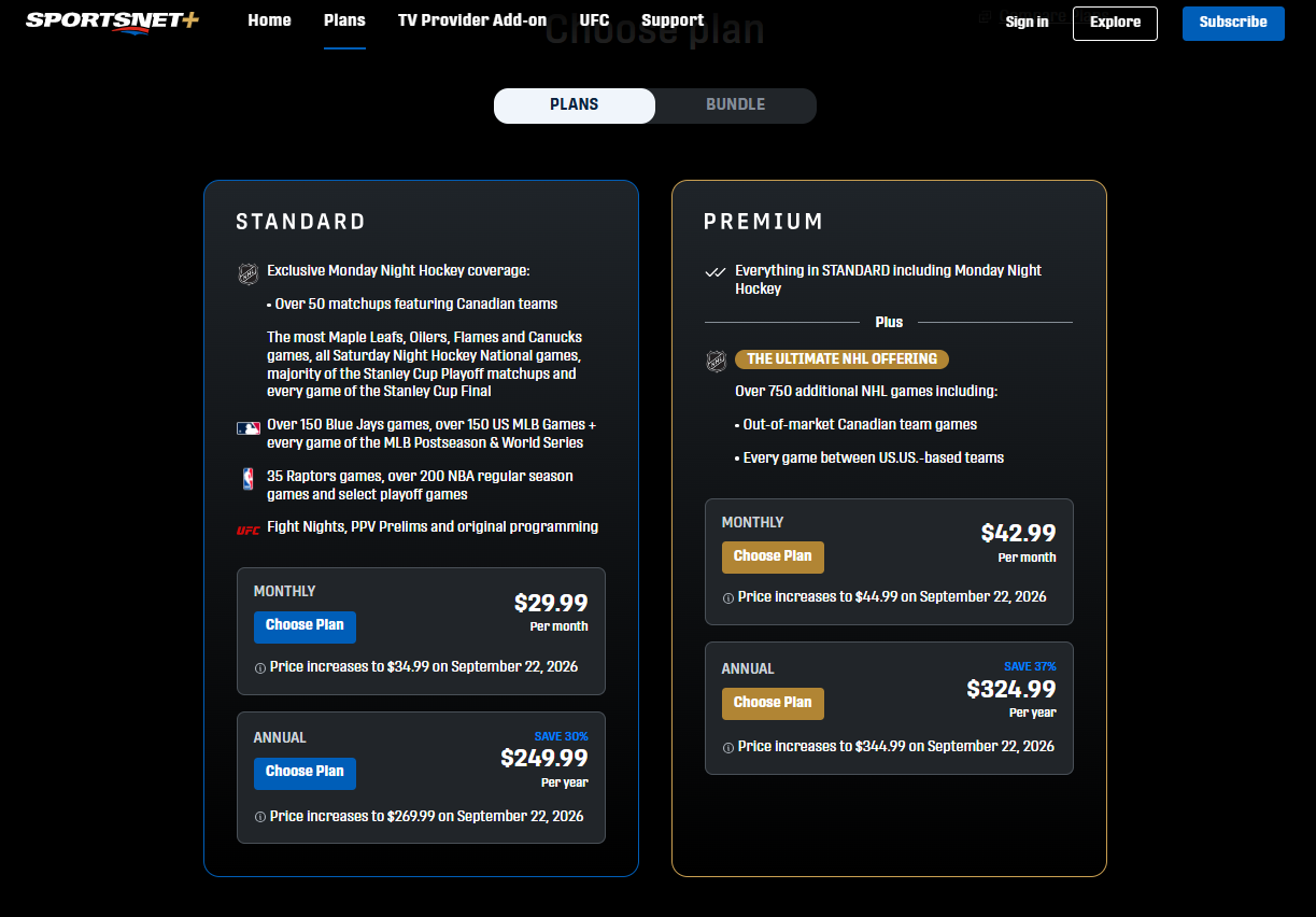Sportsnet Plus pricing on January 8, 2026