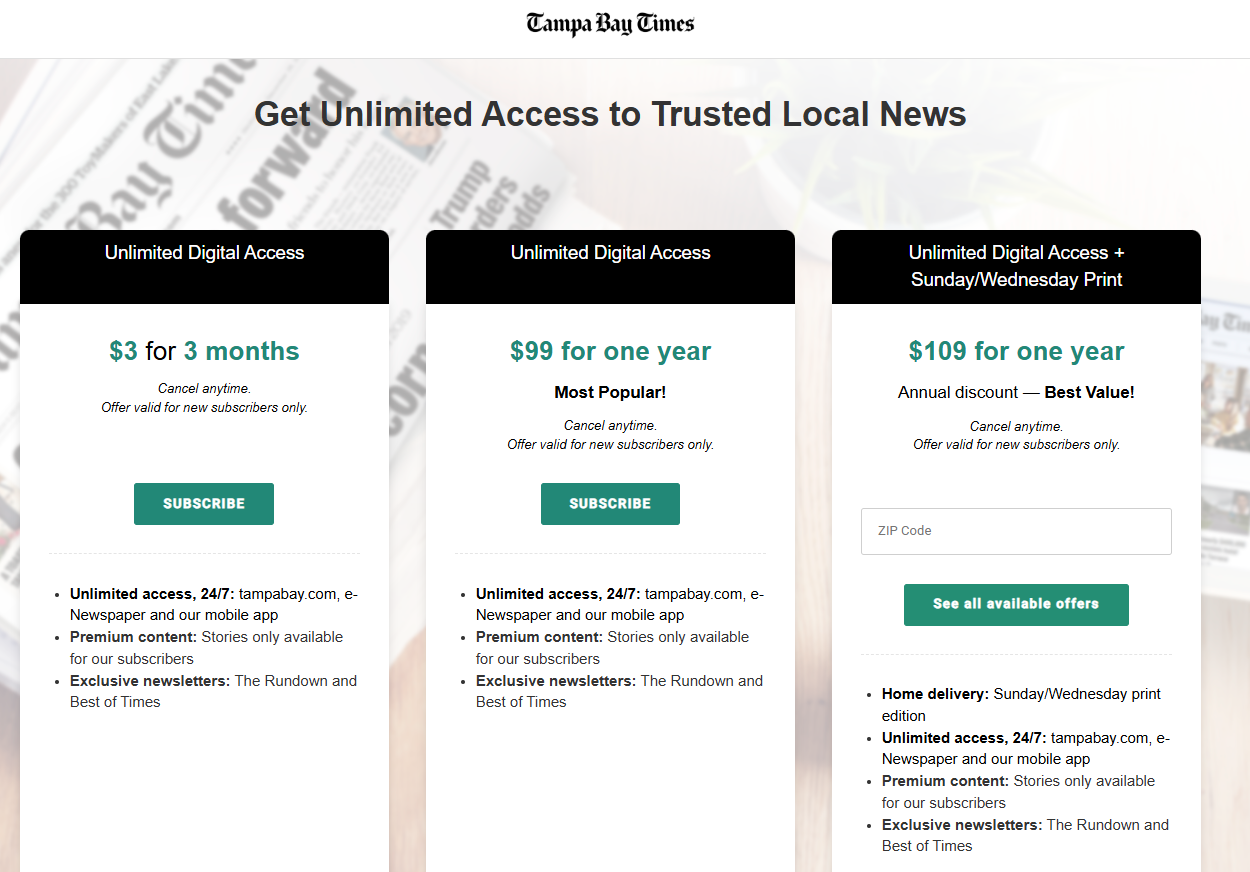 Tampa Bay Times Subscription pricing on January 14, 2026
