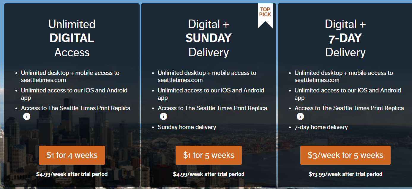 The Seattle Times Subscription pricing on January 6, 2026