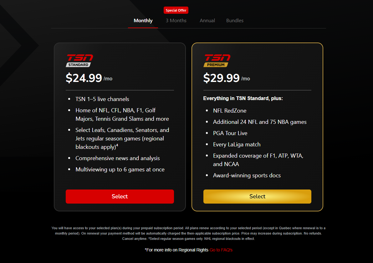 TSN Subscription pricing on January 15, 2026