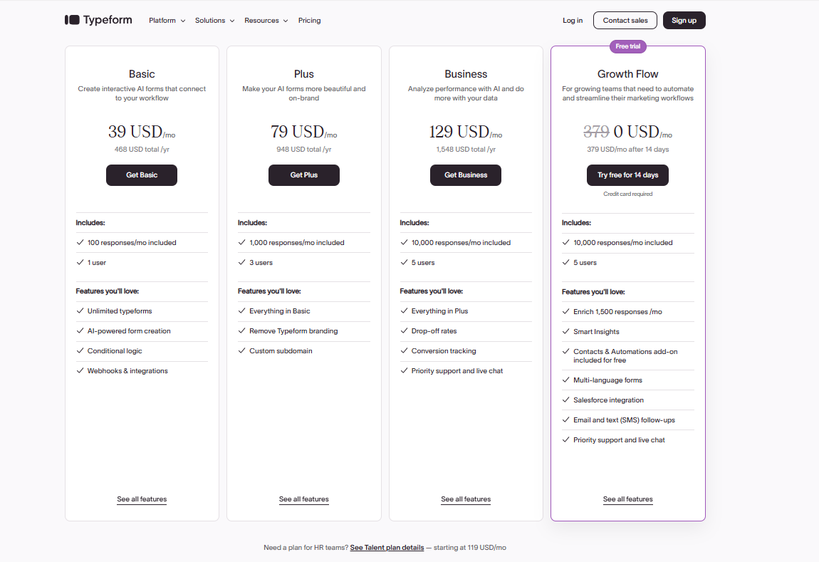 Typeform pricing on January 21, 2026