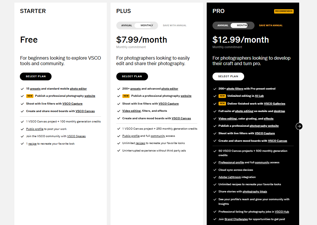 VSCO Subscription pricing on January 22, 2026