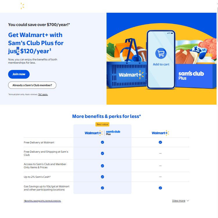 Walmart Plus Sams Club Membership pricing on October 20, 2026