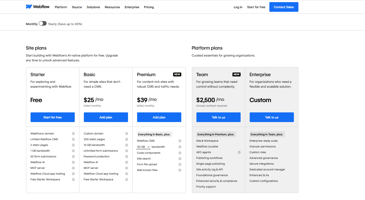 Webflow pricing on January 26, 2026