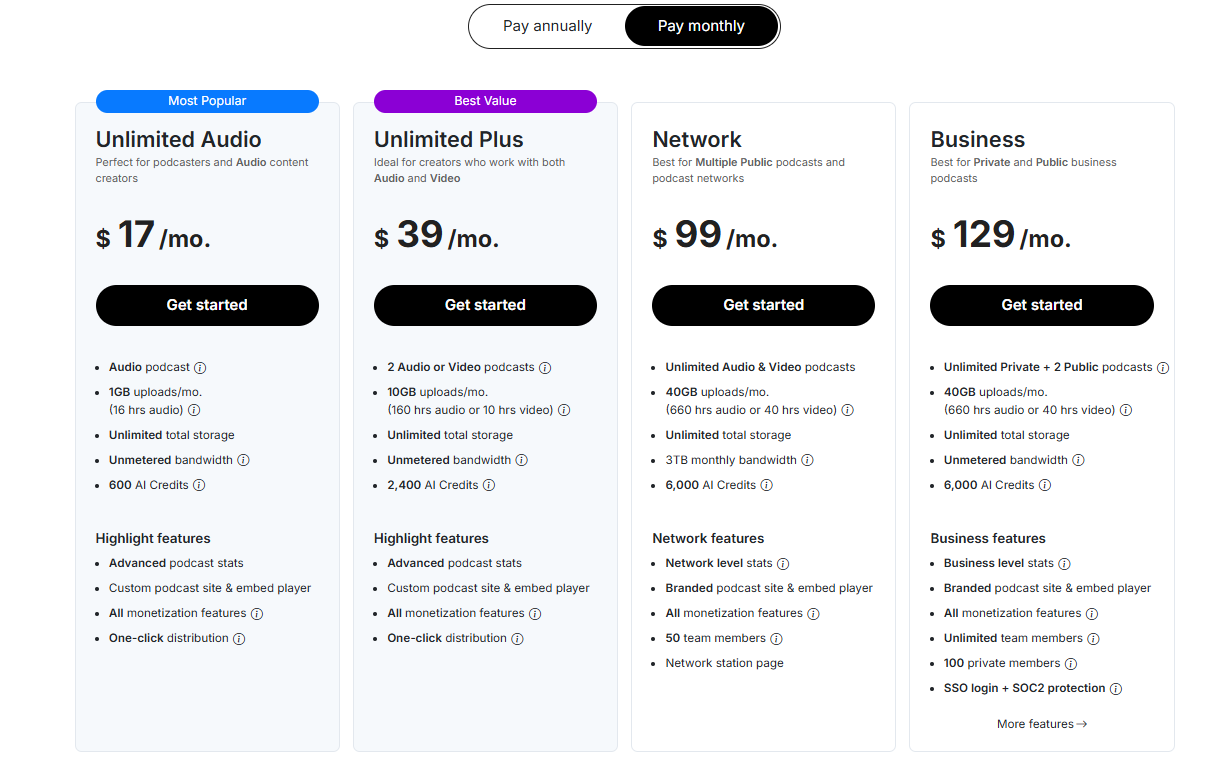 PodBean pricing on February 18, 2026