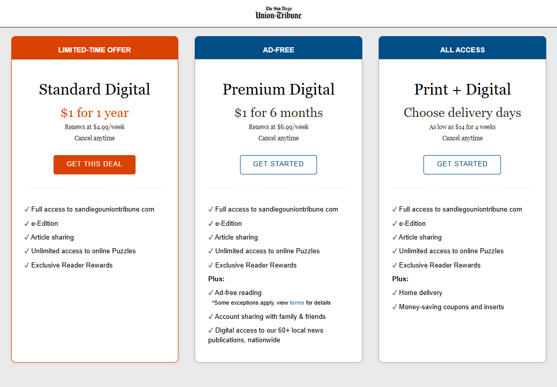 San Diego Union Tribune Subscription pricing on February 12, 2026