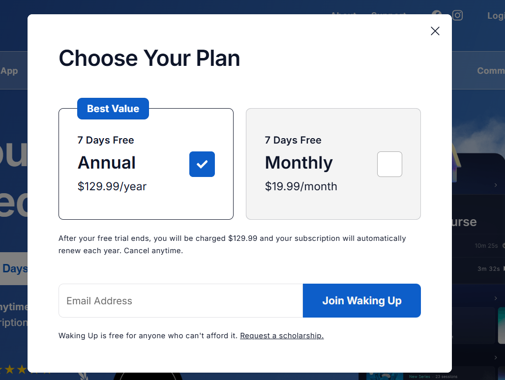 Waking Up Subscription pricing on February 19, 2026