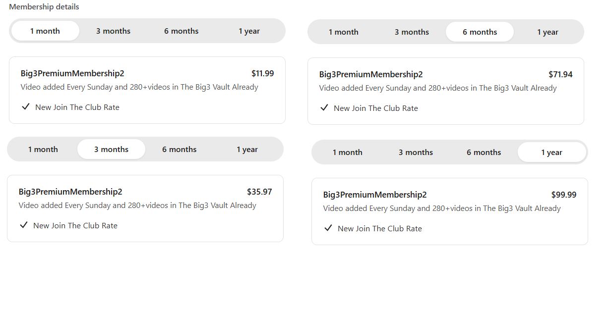 BIG3 Premium Membership pricing on March 24, 2026