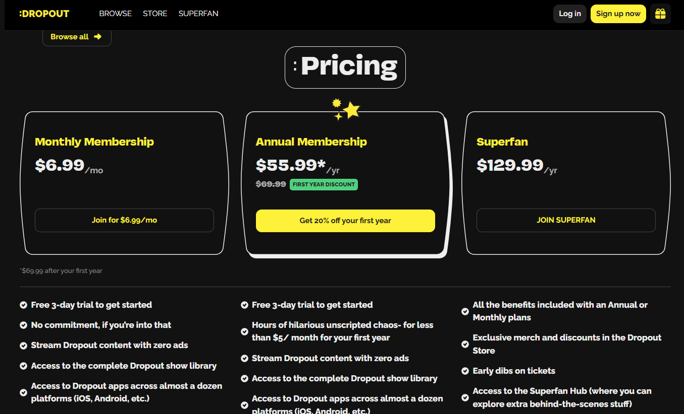 Dropout Tv pricing on March 18, 2026