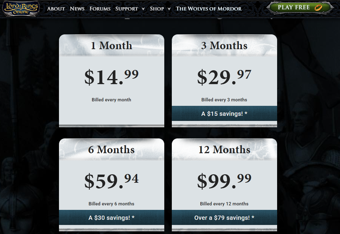 The Lord of The Rings Online Membership pricing on March 11, 2026