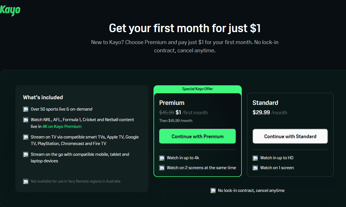 Kayo Sports pricing on April 22, 2026