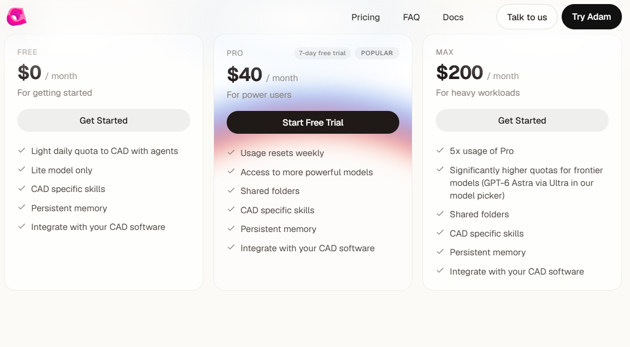 Adam AI CAD pricing on July 8, 2026