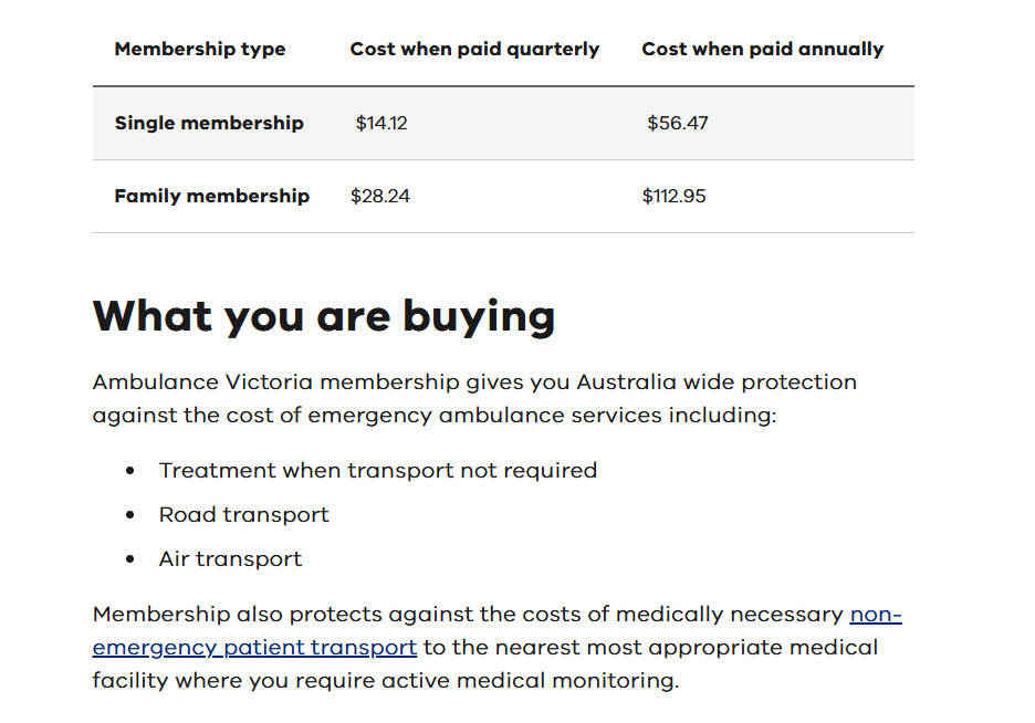 Ambulance Victoria membership pricing on July 7, 2026