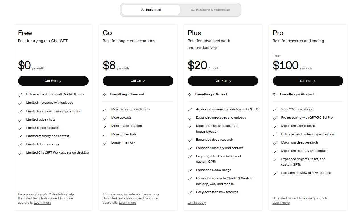 ChatGPT pricing on July 15, 2026