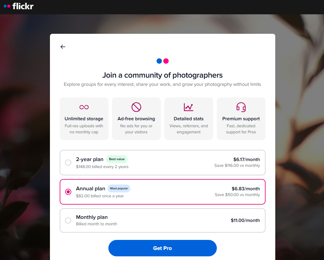 Flickr Pro pricing on July 9, 2026