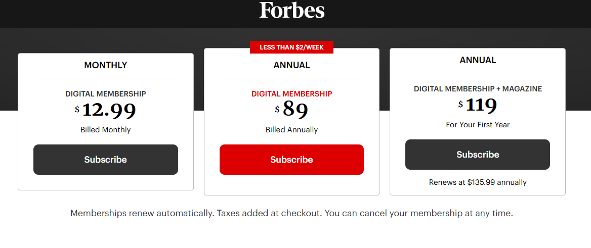 Forbes Subscription pricing on July 8, 2026