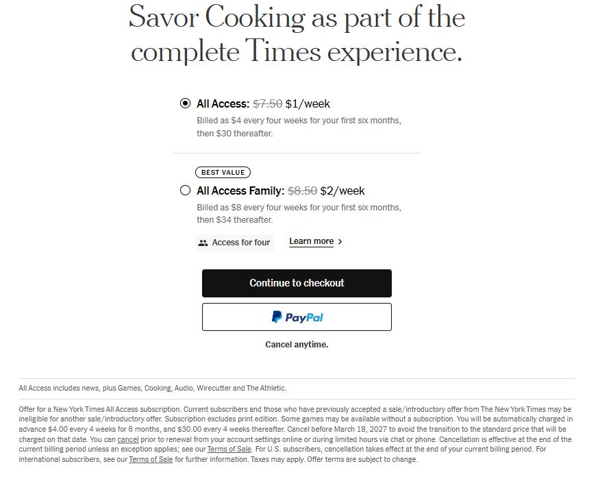 New York Times Subscription pricing on July 14, 2026