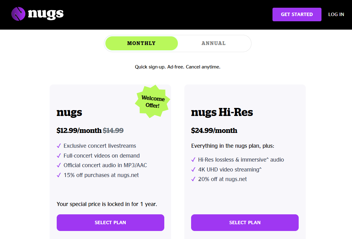 Nugs Subscroption pricing on July 15, 2026