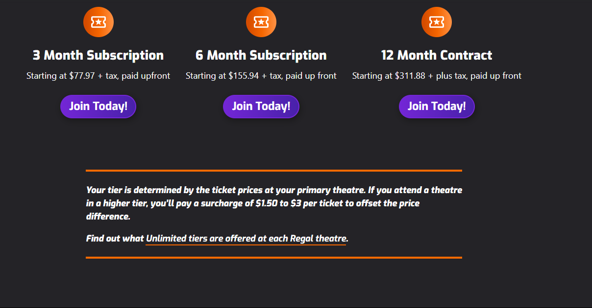 Regal Subscription pricing on July 7, 2026